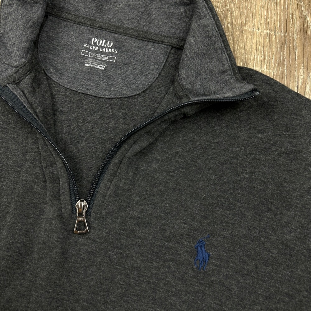 Polo Ralph Lauren Mens Large Charcoal Gray Quarter Zip Pullover Sweatshirt Pony - Picture 4 of 8